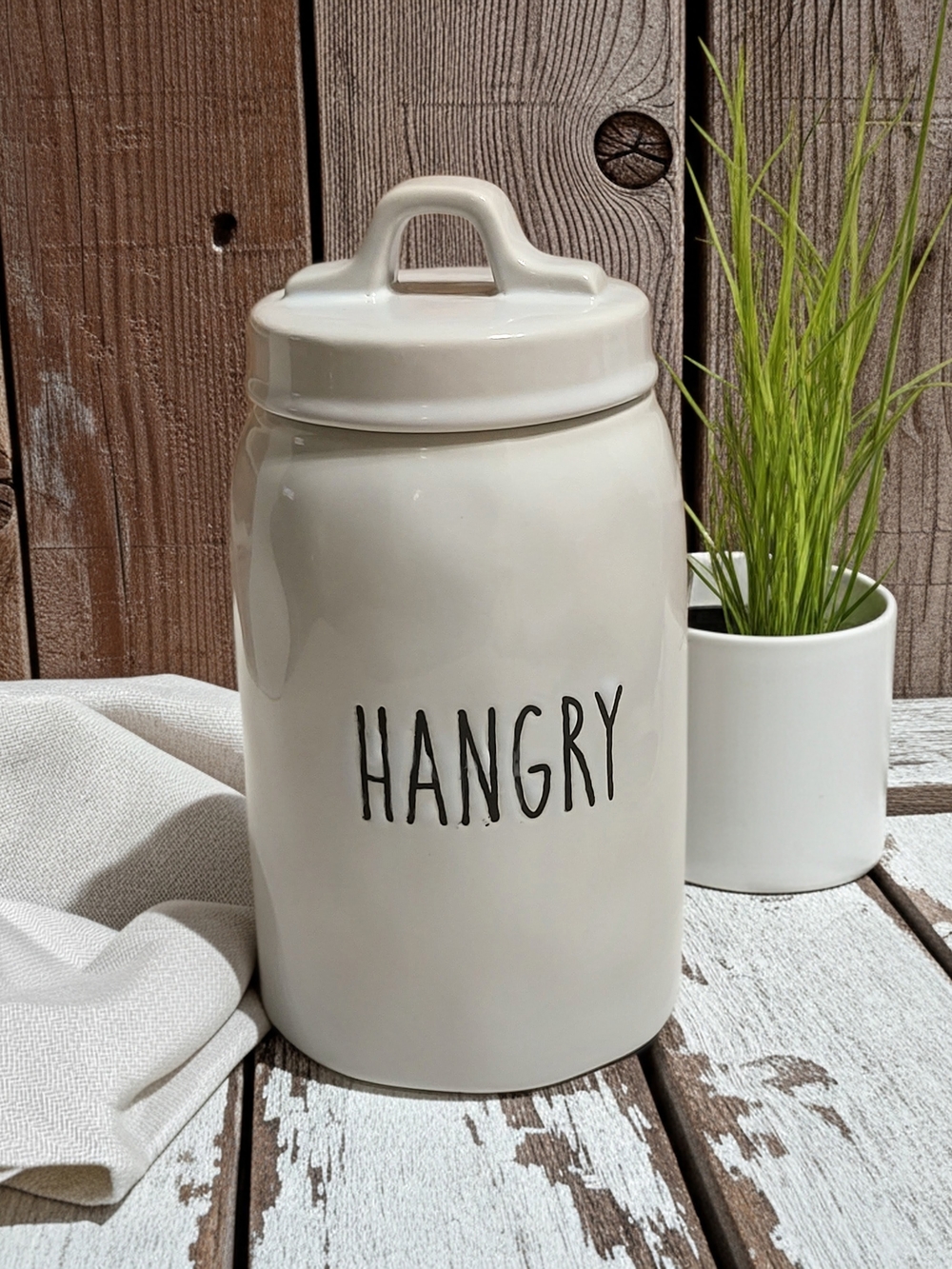 White Ceramic 'HANGRY' Kitchen Canister with Lid